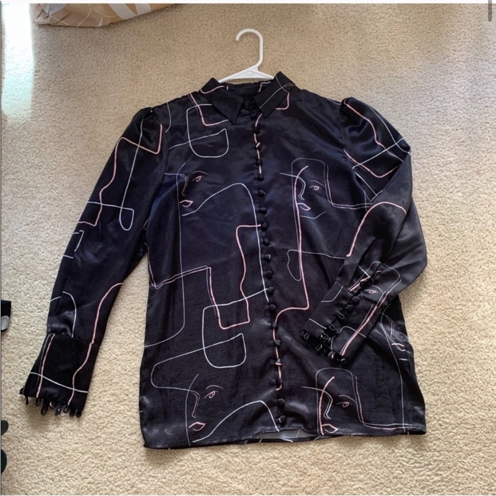 C/MEO Collective Black Button-Up Blouse with Pink & White Line Art